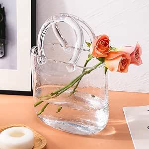 Fixwal Glass Purse Vase for Flowers, Clear Bag Vase with Handle and Bubbles, 7.7"x7.3" Handbag Shape Flower Vase, Unique Decorative Vases for Centerpieces Wedding Table Decorations Purse Vase, Glass Purse, Bag Vase, Vases For Centerpieces, Unique Flower Vases, Vase Transparent, Beg Tangan, Tafel Decor, Vase Display