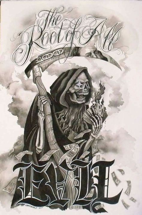 The Root of All Evil Root Of All Evil Tattoo, Evil Tattoo Ideas, Saab Turbo, Root Of All Evil, Reaper Art, Evil Skull Tattoo, Filler Ideas, 00s Mode, Evil Tattoo