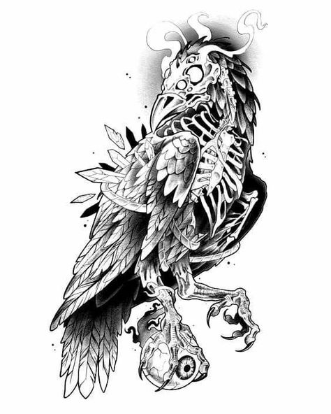 Bird Skull Tattoo, Rabe Tattoo, Skulls Design, Crow Tattoo Design, Gothic Tattoos, American Traditional Tattoo Ideas, Traditional Tattoo Ideas, Surreal Tattoo, Skeleton Drawings