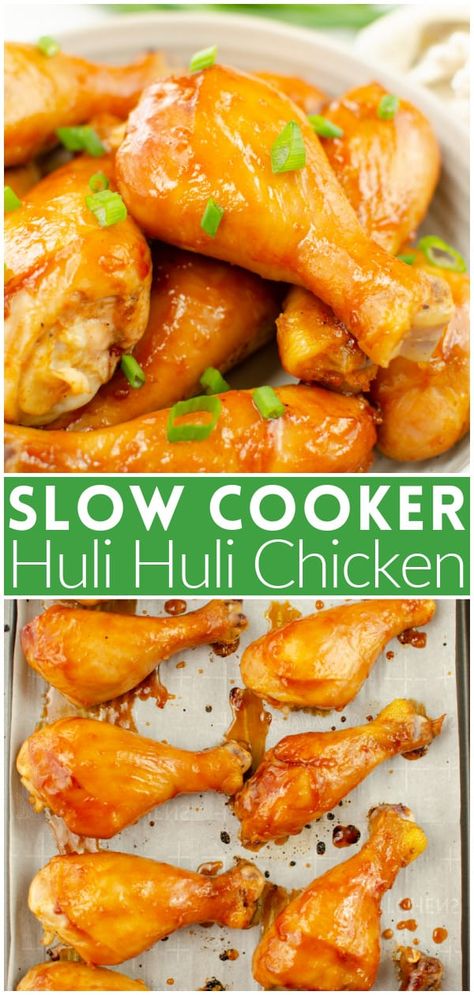 Slow Cooker Huli Huli Chicken – slow cooked chicken in a sweet and sour sauce with a Hawaiian twist! A kid favorite! Fake Ginger, Huli Chicken, Huli Huli, Huli Huli Chicken, Pineapple Sauce, Crock Pot Inspired Recipes, Slow Cooked Chicken, Favorite Recipes Chicken, Sweet And Sour Sauce