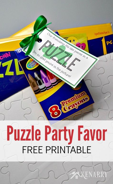 Puzzle Party Favors - Attach these free printable tags to a blank puzzle for both a craft and gift in one. Great idea for birthday parties or birthday treats at school! - Kenarry.com Easy Party Themes, Birthday Party With Friends, Valentines Day Party Favors, Puzzle Theme, Blank Puzzle, Classmate Gifts, Classroom Party Ideas, Halloween Birthdays, Easy Decor Ideas