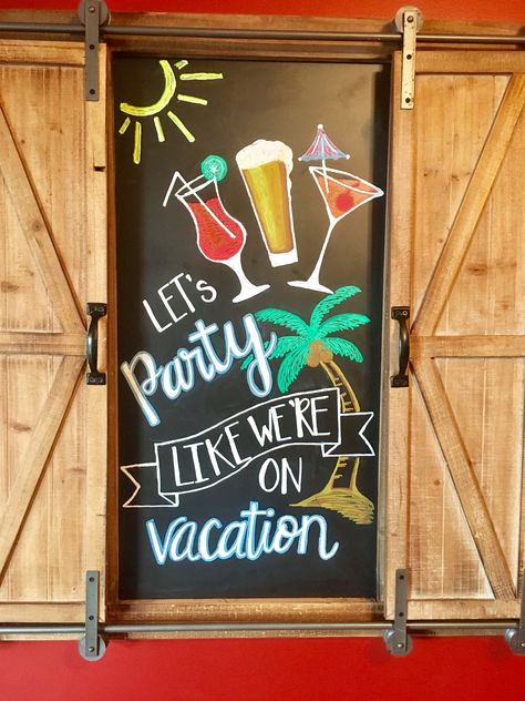 Summer chalkboard art Restaurant Chalkboard Ideas Summer, Tropical Chalkboard Art, Summer Chalkboard Art Ideas, June Chalkboard Art, Summer Chalkboard Ideas, Blackboard Quotes, Bar Chalkboard Ideas, Chalk Art Coffee, Sidewalk Chalkboard Sign