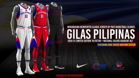 If Nike would follow the same NBA uniform scheme on national teams then Gilas Pilipinas should probably wear some retro-inspired jerseys like these - featuring the 1984 RP Youth Team jerseys and an all-black with natural color outline gradient design concept. Gilas Pilipinas, Nba Uniforms, Retro Nike, Nike Jersey, Black Clover Anime, Nike Vapor, Gradient Design, Team Jersey, Men Clothes