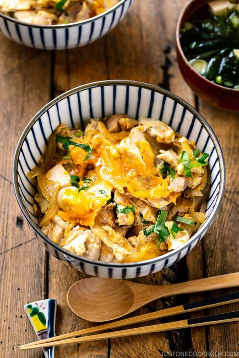 Oyakodon is cooked in one pan where the onions, chicken, and egg are simmered in an umami-rich, dashi-based sauce. It is then poured over a bowl of fluffy steamed rice. Simple, delicious, and utterly comforting, this is the kind of one-bowl meal you can cook in less than 30 minutes! #oyakodon #donburi #ricebowl | Easy Japanese Recipes at JustOneCookbook.com Chicken And Egg Rice Bowl, Oyakodon Recipe, Donburi Recipe, Egg Rice Bowl, Rice Bowl Recipes, Gastronomy Food, Egg Rice, Japanese Rice Bowl, Meal Rotation