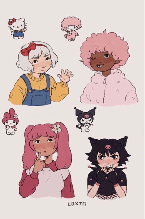 Saniro Charcters As People, My Melody And Kuromi Human Fanart, Sanrio Characters Fanart, Hello Kitty And Friends Fanart, Sanrio Characters As People, Hello Kitty Human Art, Hello Kitty As A Person Drawing, Sanrio Human Art, Hello Kitty Characters As Humans