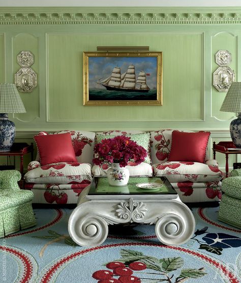 The Exuberant Style of William Diamond and Anthony Baratta. | Cool Chic Style Fashion Chinoiserie Living Room, Green Interior Decor, Green Chinoiserie, Enchanted Home, Chinoiserie Chic, Green Interiors, Green Rooms, A Living Room, Cherry Red