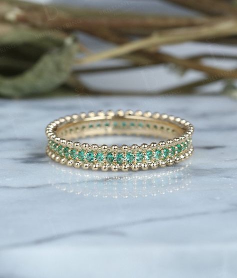 Emerald wedding band 14k yellow gold women Unique full | Etsy Emerald Ring Designs For Women, Emerald Wedding Band, Mystery Man, Emerald Band, Women Bracelets, Stackable Wedding Bands, Plain Jane, Emerald Wedding, Zierlicher Ring