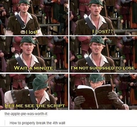 Robin Hood Men In Tights, Breaking The 4th Wall, Hood Men, Fourth Wall, Princess Bride, Robin Hood, Tumblr Funny, Movie Quotes, Funny Posts