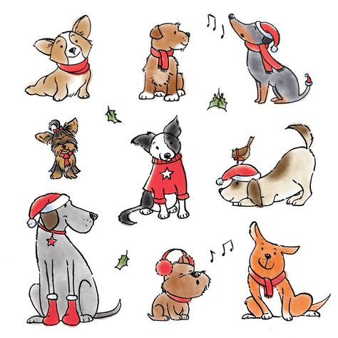 Christmas Puppies, Charity Christmas Cards, Dog Christmas Card, Christmas Doodles, Christmas Card Art, Advocate Art, Watercolor Christmas Cards, Card Drawing, Cute Doodles Drawings