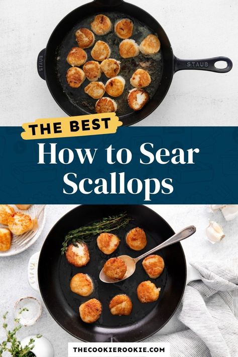 Seared scallops are a simple delicacy that’s easier to make than you think. They’re perfectly pan-seared in butter and lightly seasoned for the best flavor. Pop over to my site for the recipe! | seafood | appetizers | dinner recipes | How To Cook Scallops In Cast Iron, Scallops In Cast Iron Skillet, Cast Iron Scallops, Seared Scallops Cast Iron, How To Sear Scallops, How To Cook Scallops In Pan, Frozen Scallop Recipes, Searing Scallops, Perfect Scallops