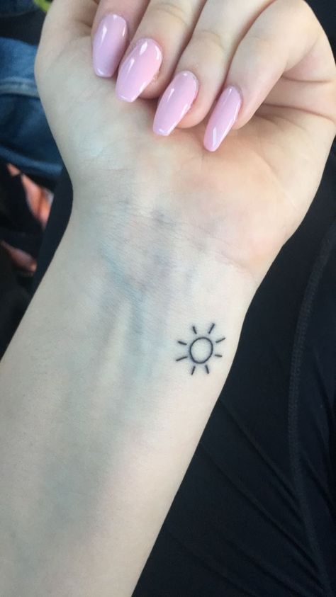 Sunshine Small Tattoo, Mini Sunshine Tattoo, Sunshine Tattoo Wrist, Sunshine Back Tattoo, Cute Sunshine Tattoos, Small Sunshine Tattoo Simple, Small Sun Wrist Tattoos, Sun Tattoo Small Wrist, Tiny Sun Tattoo Simple