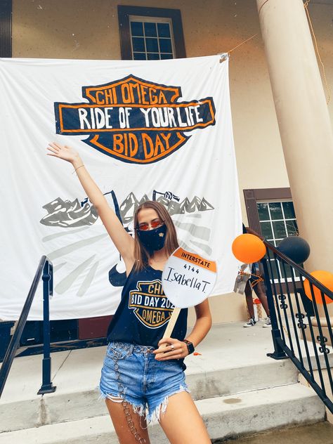 Harley Davidson Bid Day Theme, Sorority Themes, Sorority Bid Day, Bid Day Themes, Biker Gang, Big Little Reveal, 40th Birthday Parties, Chi Omega, Bid Day