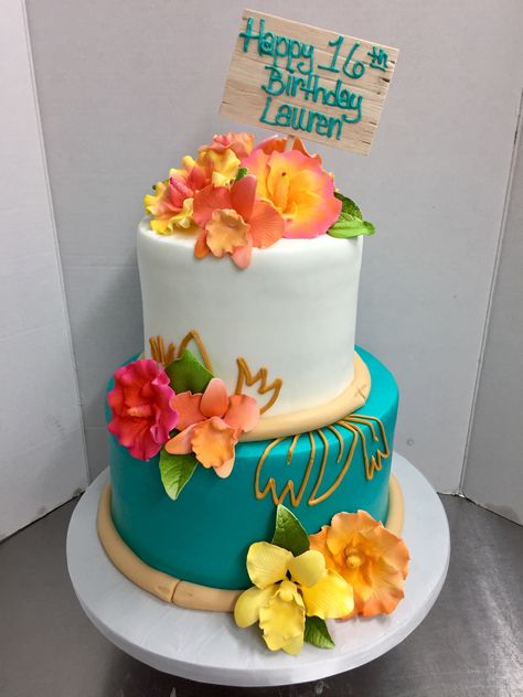 Sweet 16 Hawaiian Theme Cake, Hawaii 5-0 Birthday Cake, Tropical 40th Birthday Cake, Sweet 16 Luau Cake, Tropical Cake Ideas Hawaiian Theme, Luau Graduation Cake, Hawaiian Luau Cake Ideas, Hawaiian Cake Ideas Luau Birthday, Luau Party Cake Ideas