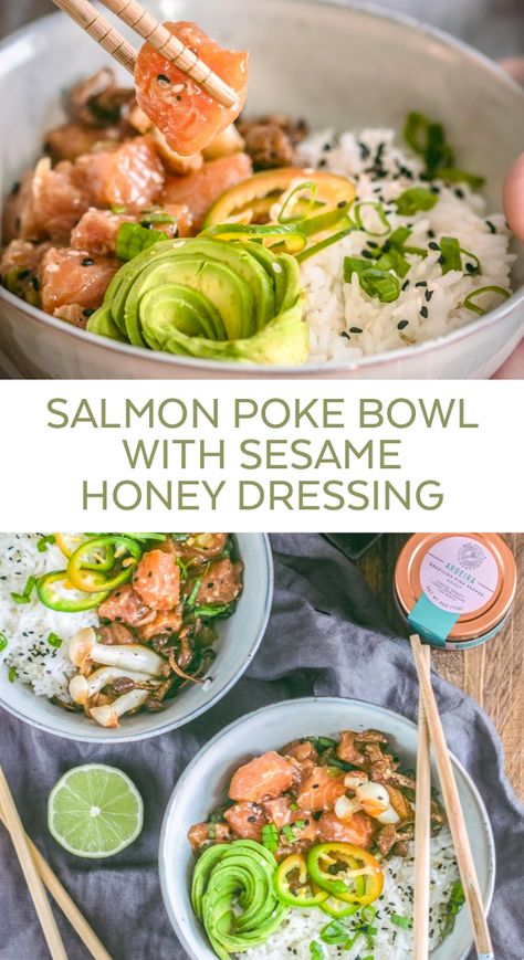 This Salmon Poke Bowl is the perfect recipe for an easy homemade lunch! Light yet nutritious and topped with a Sesame Honey dressing sauce. Packed with protein and good flavors! You can always switch salmon for the fish of your choice if you prefer. #pokebowl #salmon #salmonpokebowl #sesamehoney #honey Salmon Sesame, Salmon Poke Bowl Recipe, Salmon Honey, Salmon Poke Bowl, Poke Bowl Recipe, Salmon Poke, Weekend Lunch, Honey Dressing, Poke Bowls