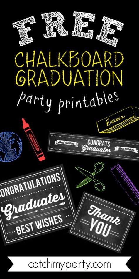 Free printables for a chalkboard themed graduation party, with a sign, water bottle labels, cupcake toppers and more! These are perfect for a college graduation, high school graduation, or even a preschool graduation party! Free Graduation Printables 2024, Free Graduation Printables 2023, Signs For Graduation Party, Graduation Chalkboard Sign, Graduation Party Printables, Themed Graduation Party, Preschool Graduation Party, Chalkboard Party, Graduation Chalkboard