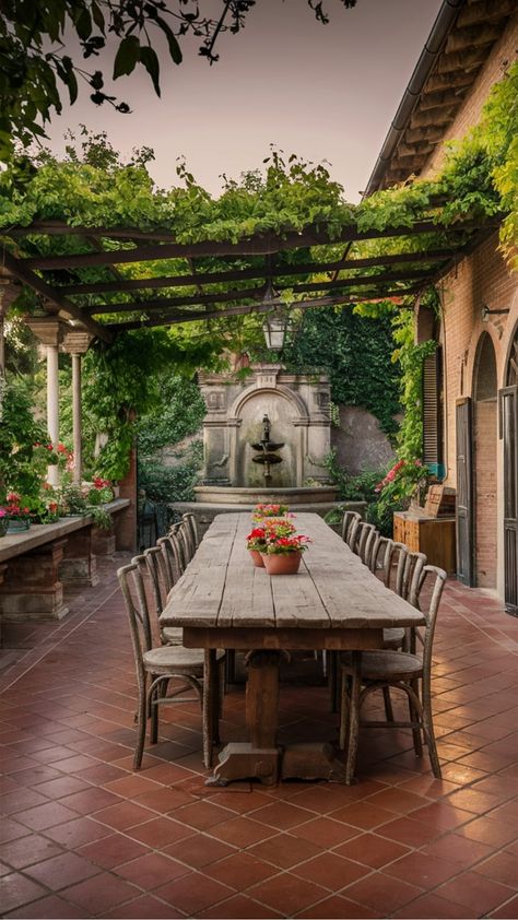 Outdoor Dining on a Rustic Tuscany Patio Patio Stone Deck, Dining Al Fresco, Tuscany Patio, Outdoor Stone Patio, Tuscan Patio, Vineyard Garden, Tuscany Vineyard, Stone Deck, Tuscany Style