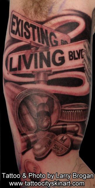 Crossroads of Living and Existing tattoo by Larry Brogan Pill Bottle Tattoo Ideas, Pill Bottle Tattoo, Crossroads Tattoo, Pill Tattoo, M Tattoos, Bottle Tattoo, Pill Bottle, Body Accessories, Pill Bottles