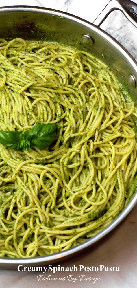 This family friendly pasta is filled with light, bright flavor and a touch of cream. Ready in just 15 minutes, this dish is comforting pasta with a healthy twist. Creamy Spinach Pesto Pasta is a very simple dish that packs a punch. Spinach Basil Pesto Pasta, Spinach Pesto Pasta Recipes, Creamed Spinach Pasta, Pesto Pasta With Spinach, Spinach Pesto Sauce, Spinach Pesto Recipe, Green Pasta Recipe, Italian Noodles, Spinach Pasta Sauce