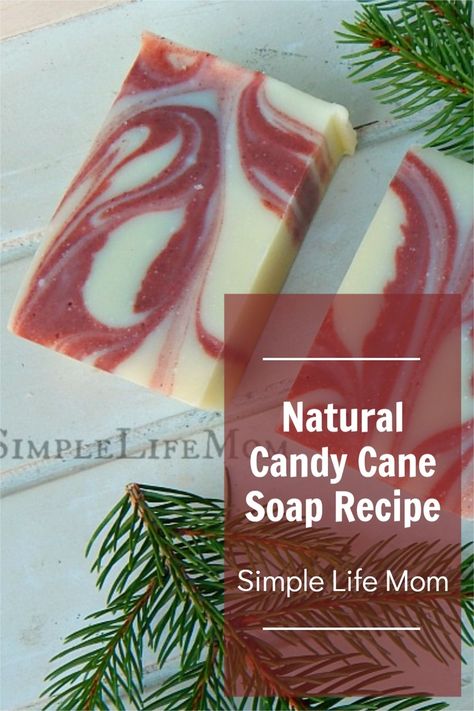 Natural Candy Cane Soap Recipe -A Great Gift Idea - Simple Life Mom Winter Cold Process Soap Recipes, Peppermint Cold Process Soap, Christmas Cold Process Soap Ideas, Cold Process Christmas Soap, Homemade Christmas Soap Recipes, Homemade Christmas Soap, Christmas Soap Ideas Cold Process, Christmas Cold Process Soap, Peppermint Soap Diy