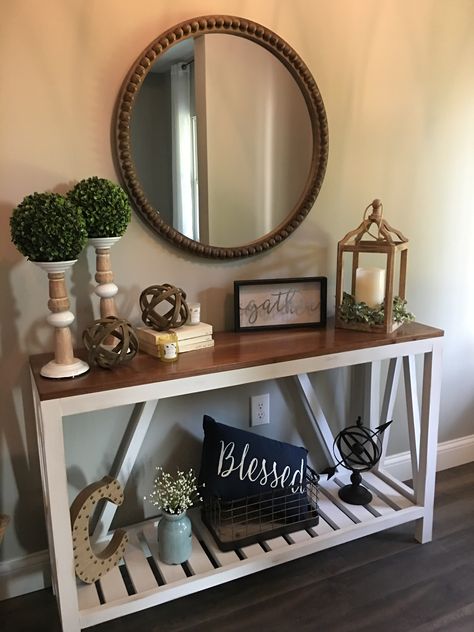 Living Room Counsel Table Decor, Entryway Table Decor With Pictures, Modern Farmhouse Sofa Table Decor, Wall Table Decor Living Room, 3 Shelf Entryway Table Decor, Decorating A Foyer Table, Farmhouse Sofa Table Decor, Farmhouse Accent Table Decor, Sofa Table Decor Living Room