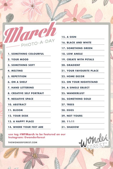 Photo Challenge Instagram, March Photo Challenge, Photo A Day Challenge, Photo Prompts, Day List, Instagram Challenge, Squat Challenge, Monthly Photos, Photography Challenge