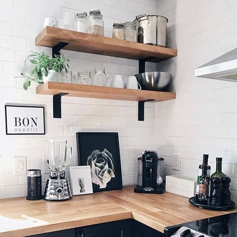 Black White And Wood Kitchen Decor, Natural Wood Black And White Decor, Black Nordic Kitchen, Kitchen Decor Ideas Black And White, Black White Wood Home Decor, Black Gray And White Kitchen Decor, Black White And Wood Apartment, Black Kitchen Wall Decor, Black Kitchen Accessories Decor