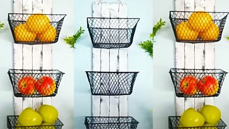 Dollar Tree Wall Mounted Fruit Baskets | DIY Joy Projects and Crafts Ideas Wire Baskets On Wood, Diy Wall Basket Storage, Diy Dollar Tree Fruit Basket, Dollar Tree Fruit Storage, Wall Fruit Basket Ideas, Dollar Tree Fruit Basket, Mounted Fruit Basket, Diy Wall Basket, Hanging Metal Baskets