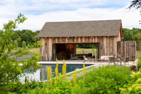 Pool Barn House, Accordion Glass Doors, Barn Pool House, Backyard Pool House, Country Pool, Barn Pool, Timber Frame Design, Modern Pool House, Timber Truss