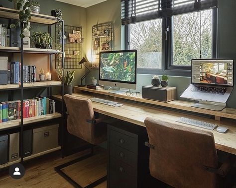 Office At Home For Two, Office For Couples Home, Double Office Space Home, Home Office Two Screens, Two Person Desk Office, Two Person Work From Home Office, Him And Her Office Space, Home Office Husband And Wife, Study Two Desks