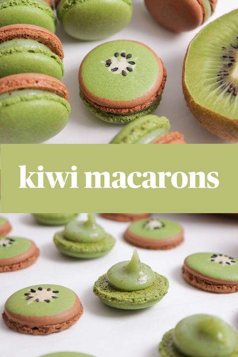 top photo shows top view of a macaron shell piped and decorated to look like a kiwi cross section, middle band reads kiwi macarons, bottom photo is side view of kiwi macarons being filled with kiwi ganache Beginner Macaron Recipe, Unique Macaron Flavors, Kiwi Macarons, Macaroon Designs, Macarons Filling Recipe, White Chocolate Ganache Filling, Macaroon Filling, Macarons Easy, Macaron Ideas