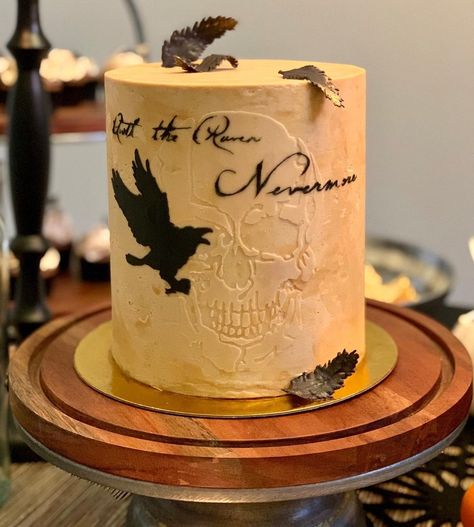 The Truffle Makers on Instagram: “The Raven Cake. We wanted to design something elegant and a little dark for our (intimate) Ghoulish Cocktail Party this year, and that…” House Halloween Party, Grad Party Inspo, Peanut Butter Icing, Haunted House Halloween Party, Haunted House Halloween, Butter Icing, Themed Party Ideas, Custom Stencils, Cake Cover