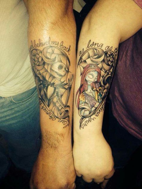 Jack And Sally Tattoo Couple, Nbc Tattoo, Jack And Sally Tattoo, Sally Tattoo, Pair Tattoos, Wife Tattoo, Nightmare Before Christmas Tattoo, Tattoo Couple, Couple Tattoos Unique