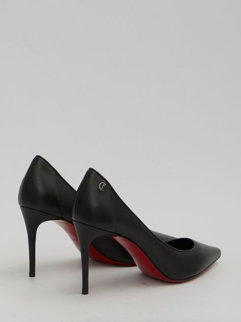 Sporty Kate 85 pumps in soft black nappa with red sole. They feature pointed design, CL monogram on the side and stiletto heel. Heel height: 8,5cmITA size. Size nationality: ITAComposition: 100% Leather | Christian Louboutin Women's Sporty Kate 85 Pumps in Black | SS24 Kate Louboutin, Cl Monogram, Metal Spikes, Christian Louboutin Women, Red Sole, Sky High, Soft Black, Luxury Retail, Stiletto Heel