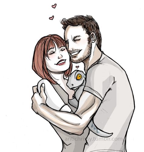 Absolutely adorable clawen fanart! Claire x Owen + raptor baby = perfect family. Claire X Owen, Owen And Claire Fanart, Owen And Claire, Owen Grady, Claire Dearing, Blue Jurassic World, Jurassic World 3, Jurassic World 2015, Dino Park