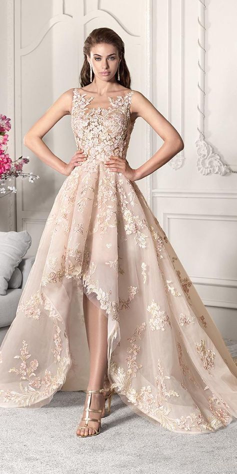 high low wedding dresses illusion neckline lace floral appliques blush demetrios. See more: https://www.weddingforward.com/high-low-wedding-dresses/ #weddingforward #bride #bridalgowb #highlowweddingdresses Demetrios Bridal, Wedding Dresses High Low, Stylish Wedding Dresses, Illusion Dress, Illusion Neckline, فستان سهرة, Beauty Dress, Dresses Elegant, Trending Dresses