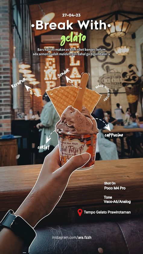 Break with gelato Food Instagram Story Ideas, Instagram Story Ideas Food, Food Ig Story, Ig Story Design, Mango Gelato, Cute Instagram Story Ideas, Creative Burger, Logo Design Coffee, Street Food Design