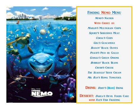 DISNEY MEAL #41 - FINDING NEMO! Has link to pictures of How the Meal Came Together & The Treat! Happiest Memories On Earth - is an awesome blog that has SO MANY Disney Meal Ideas and MORE!! Movie Meals, Disney Movie Themed Dinner, Disney Meals, Themed Dinners Ideas, Family Movie Night Themes, Disney Movie Night Menu, Theme Dinners, Movie Recipes, Finding Nemo Movie