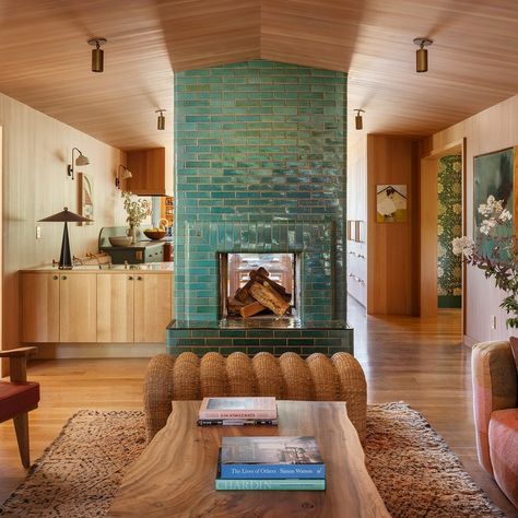 Inside a ’70s-Style River Island Home Outside Portland, Oregon | Architectural Digest Two Sided Fireplace, Farrow & Ball, Glazed Brick, River House, Design Del Prodotto, Nyc Apartment, Island Home, 70s Style, A Living Room