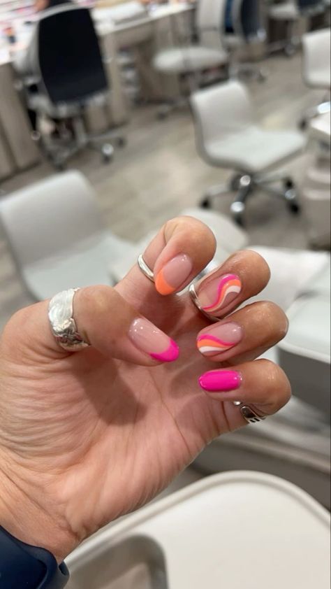 Preppy Pink And Orange Nails, Summer Nails Pink And Orange French, Pink And Orange Nails Summer Short, Pink Orange Almond Nails, Pink Orange Swirl Nails, Almond Nails Orange And Pink, Nail Ideas Orange And Pink, Pink White And Orange Nails, Pink And Orange Acrylics