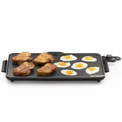 Great for every meal Breakfast, lunch, and dinner. Low-profile buffet server Griddle features a big 13- x 22-inch cooking surface ideal for buffet-style serving. Extra-large cooking surface makes enough for the entire family. Premium nonstick surface for stick-free cooking and easy cleaning. Slide-out drip tray. Heavy cast aluminum cooking surface is virtually warp-proof. Fully immersible with the heat control removed. Slimline design makes it convenient to store. Slide-out drip tray removes for quick cleaning. Control Master heat control maintains the desired temperature automatically. Breakfast Crowd, Breakfast For A Crowd, Electric Griddle, Food Handling, Buffet Server, Styling A Buffet, Cooking Temperatures, Drip Tray, Morning Breakfast