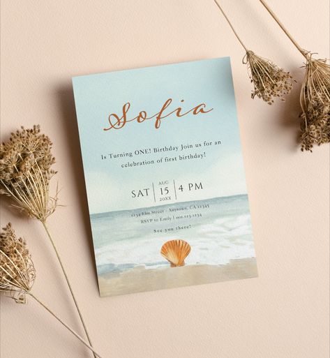 A serene invitation design showcases a background of gentle sea waves and a sandy beach in soft colors. The text section elegantly complements the scene, adorned with a minimalistic seashell. Dimensions: 5x7 inches. Beach Party Invite, Beach Theme Birthday, Peaceful Summer, Minimal Watercolor, Beach Party Invitations, Summer Birthday Party, Birthday Invites, Summer Celebration, Summer Birthday