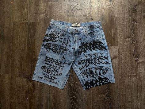 Levi's 505 | Akira | Heavy Metal | custom made | Y2K | hand painted | silk screen | distressed | up cycle | blue denim jean shorts sz. 34 Custom Jean Shorts, Levi 505, Up Cycle, Custom Jeans, Levi's 505, Painted Silk, Denim Jean Shorts, Levis 505, Hand Painted Silk