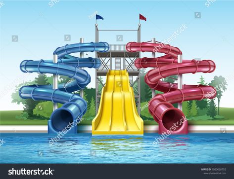 Vector illustration of colored plastic water slides with pool in outdoor aqua park. Isolated, front viewplastic#water#slides#Vector Water Theme Park, Resort Plan, Aqua Park, Entertaining House, Indoor Waterpark, Park Pictures, Abstract Pillows, Kawaii Room, Parking Design