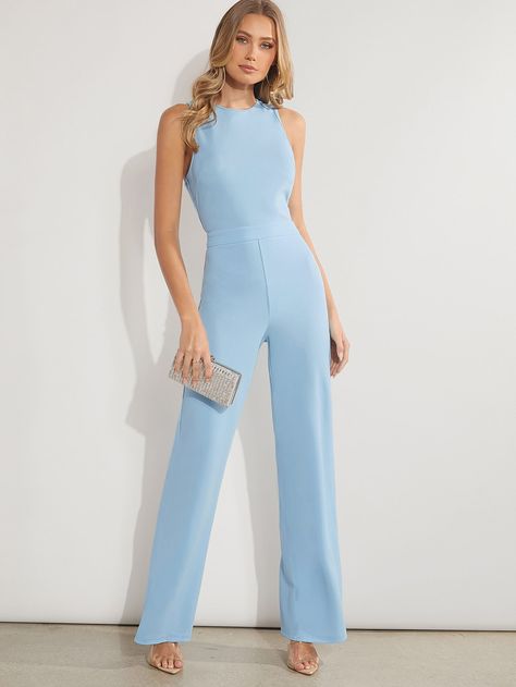 Baby Blue Elegant Collar Sleeveless Knitted Fabric Plain Wide Leg Embellished Slight Stretch  Women Jumpsuits & Bodysuits Light Blue Jumpsuit Outfit Wedding, Light Blue Pants Outfit Work, Baby Blue Outfits For Women, Blue Pants Outfit Work, Sky Blue Jumpsuit, Blue Bodysuit Outfit, Blue Jumpsuit Outfit, Blue Jumpsuits Outfit, Jumpsuit Outfit Wedding