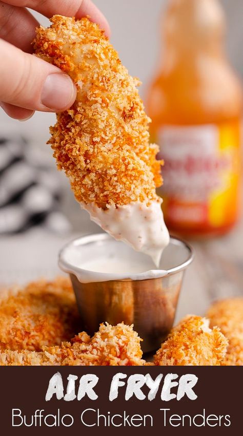 Air Fryer Buffalo Chicken Tenders are a delicious low carb Airfryer recipe made with 3 simple ingredients. Spicy hot sauce and crunchy Panko breading create a perfect chicken strip for a healthy lunch or dinner.  #AirFryer #Chicken Low Carb Airfryer, Air Fryer Buffalo Chicken Tenders, Air Fryer Recipes Wings, Air Fryer Buffalo Chicken, Airfryer Chicken, Chicken Strip, Airfryer Recipe, Buffalo Chicken Tenders, Air Fryer Recipes Breakfast