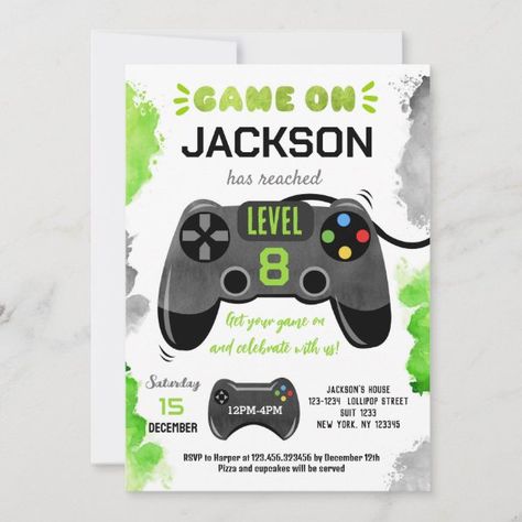 Game On Level Up Video Game Birthday Invitations Video Game Birthday Invitations, Game Truck Birthday Party, Boys Birthday Party Games, Video Game Birthday Party, Birthday Invitations Zazzle, Game Birthday Party, Video Game Birthday, Video Games Birthday Party, Gamer Birthday