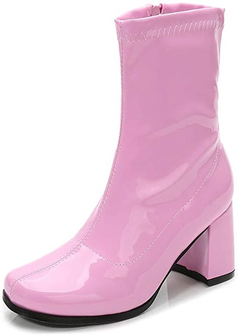 White Gogo Boots, Go Go Boots, Boots Mid Calf, Short Booties, Boots For Short Women, Gogo Boots, Chunky Heels Boots, Block Heel Ankle Boots, Pink Bling