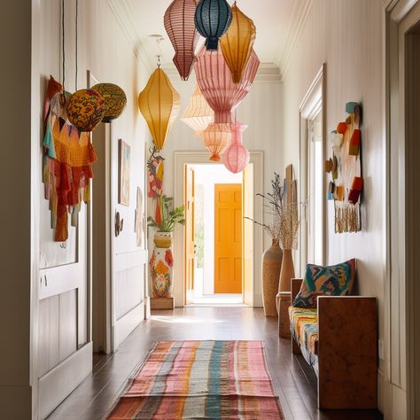 Vintage Eclectic Minimalism, Indigenous Interior Design, Coloured Door Frames, Adding Pops Of Color To Neutral Room, Realistic Interior Design, Funky Hallway Ideas, Artsy Hallway, Hallway Lanterns, White Walls Colorful Decor