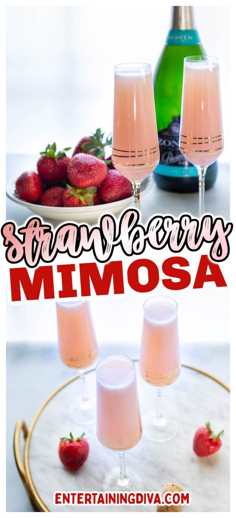 Strawberry Mimosas (With Fresh Or Frozen Strawberries) | Party Cocktails Strawberry Mimosas, Mimosas Recipe, Frozen Strawberry Recipes, Classic Mimosa, Sonic Cherry Limeade, Strawberry Mimosa, Mimosa Recipe, Jello Shot, Potluck Dinner