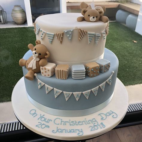 Baby Boy Christening Cake, Baptism Cake Boy, Christening Cake Boy, Teddy Cakes, Tiered Cakes Birthday, Christening Cakes, Bear Cake Topper, London Cake, Teddy Bear Cakes